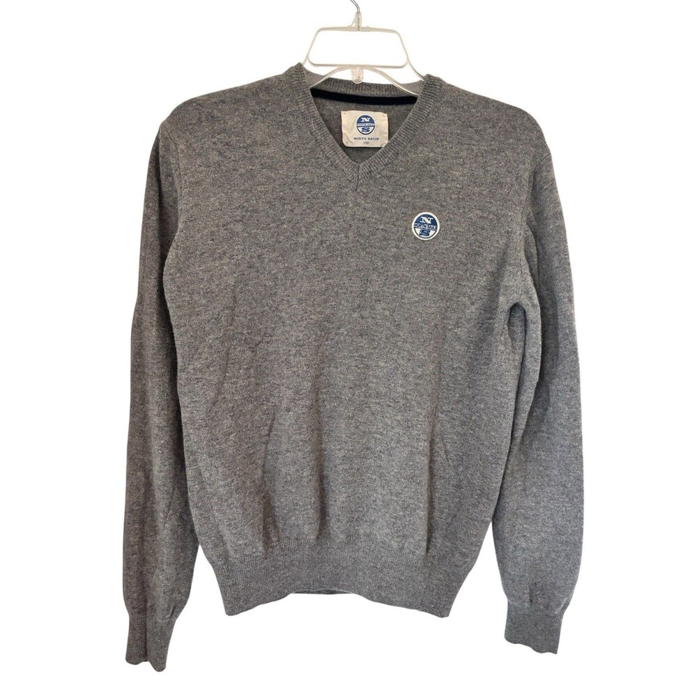 North Sails Made In Italy Merino Wool Men’s V-Neck Preppy Logo Sweater Gray S